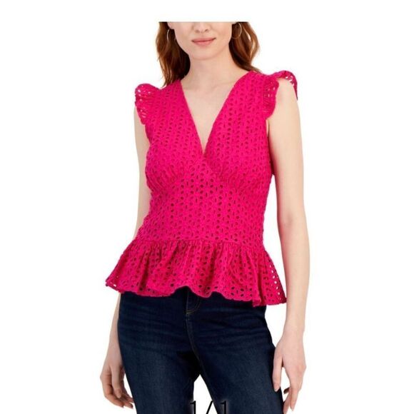 I NC international concepts, cotton eyelet, choo-choo peplum top size 4 - Picture 1 of 5